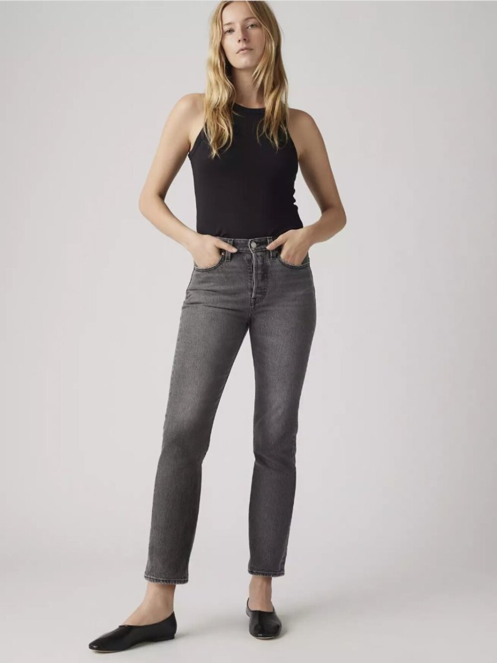 Levi's Premium Wedgie Straight Washed Black Distressed Button Fly Jeans Size 29